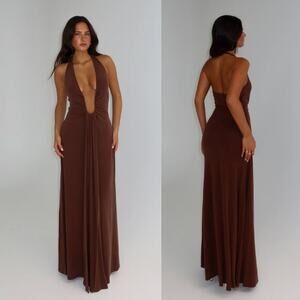 MISHA | Jennifer Maxi Dress in Cedar Brown Cupro Halter Plunging Neckline S